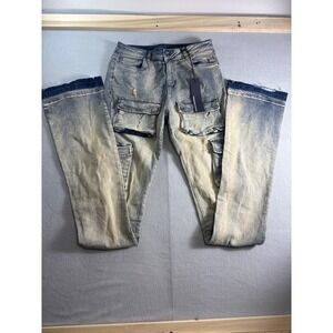 Rockstar Original Noor Cargo Super Stacked Jeans Blue Distressed Mens XL NEW